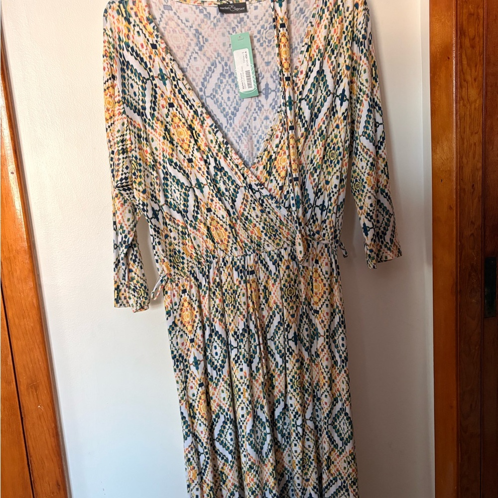 Market & Spruce Yellow and Blue Geometric Long Sleeve Dress